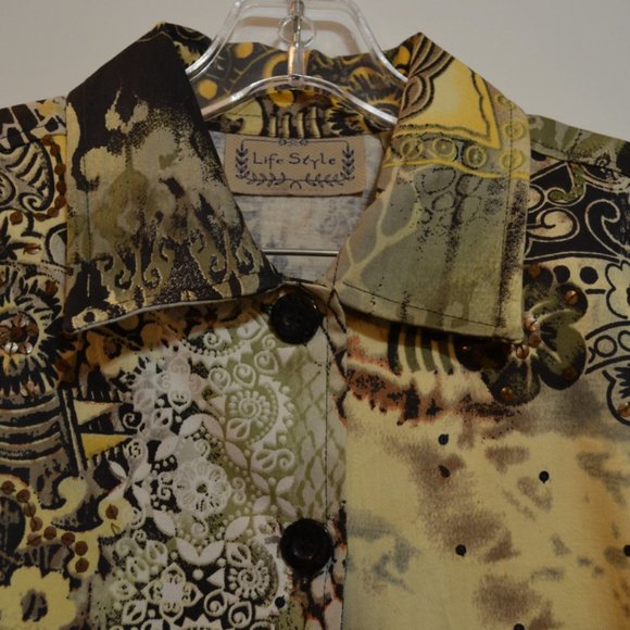 LIFE STYLE Long Sleeves Brown-Green-Cream Graphic Pattern Sequences Jacket S - Picture 2 of 4